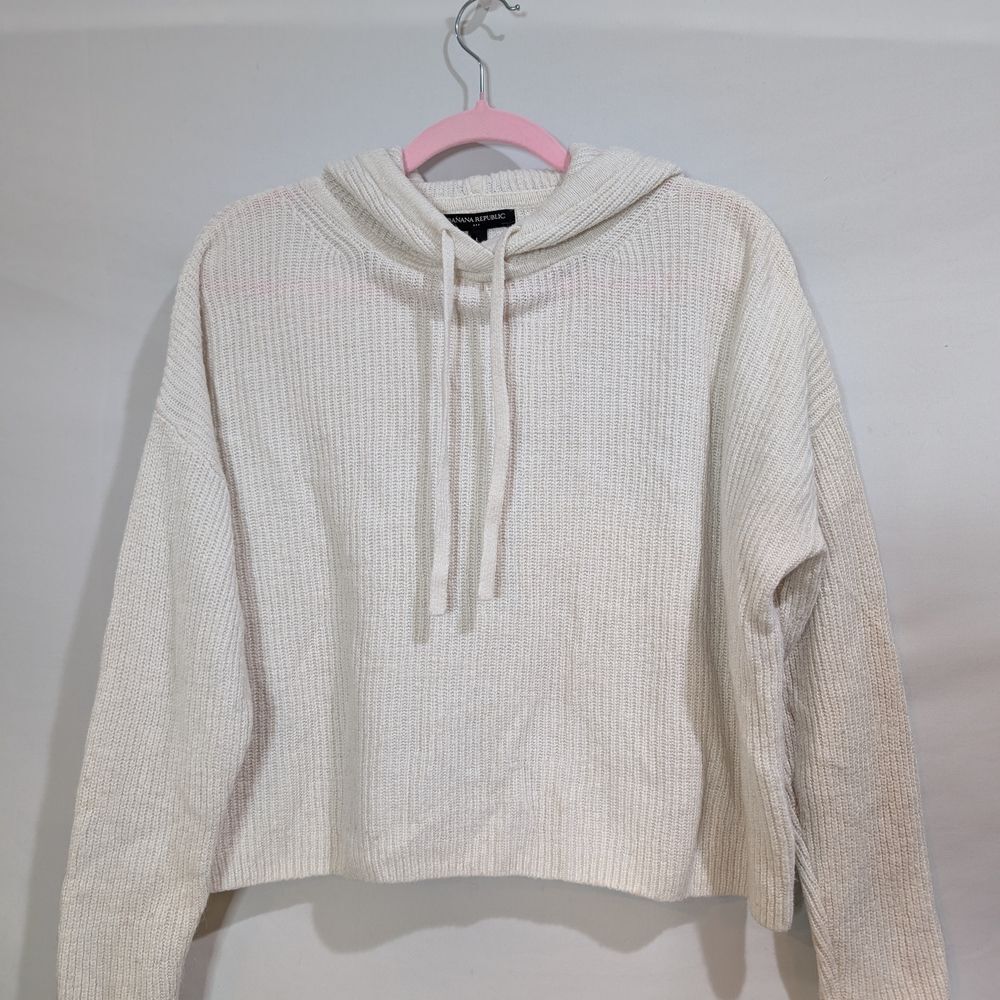 Banana Republic Cream Knit Hooded Alpaca Blend Sweater Quiet Luxury Casual L